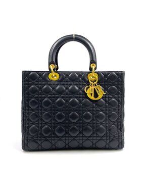 Dior Lady Cannage Lambskin Black Handbag Gold